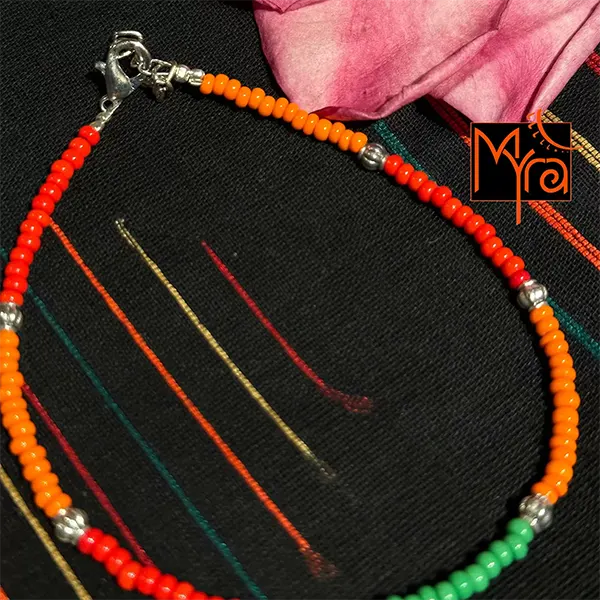 Glass Beaded Charm Anklet : Orange, Red, Green