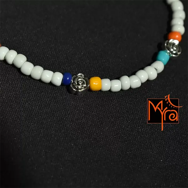 Glass Beaded Anklet with Rose Charms : White, Multicolored