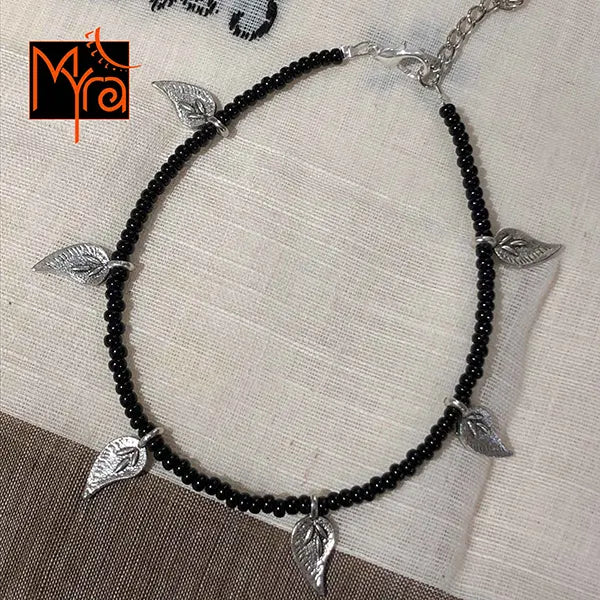 Black Anklet with Long Silver Flower Charms