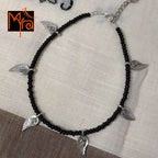 Black Anklet with Long Silver Flower Charms