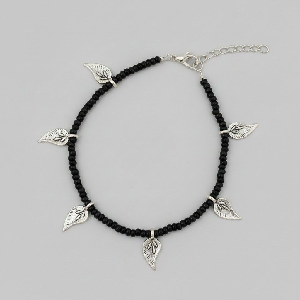 Black Anklet with Long Silver Flower Charms