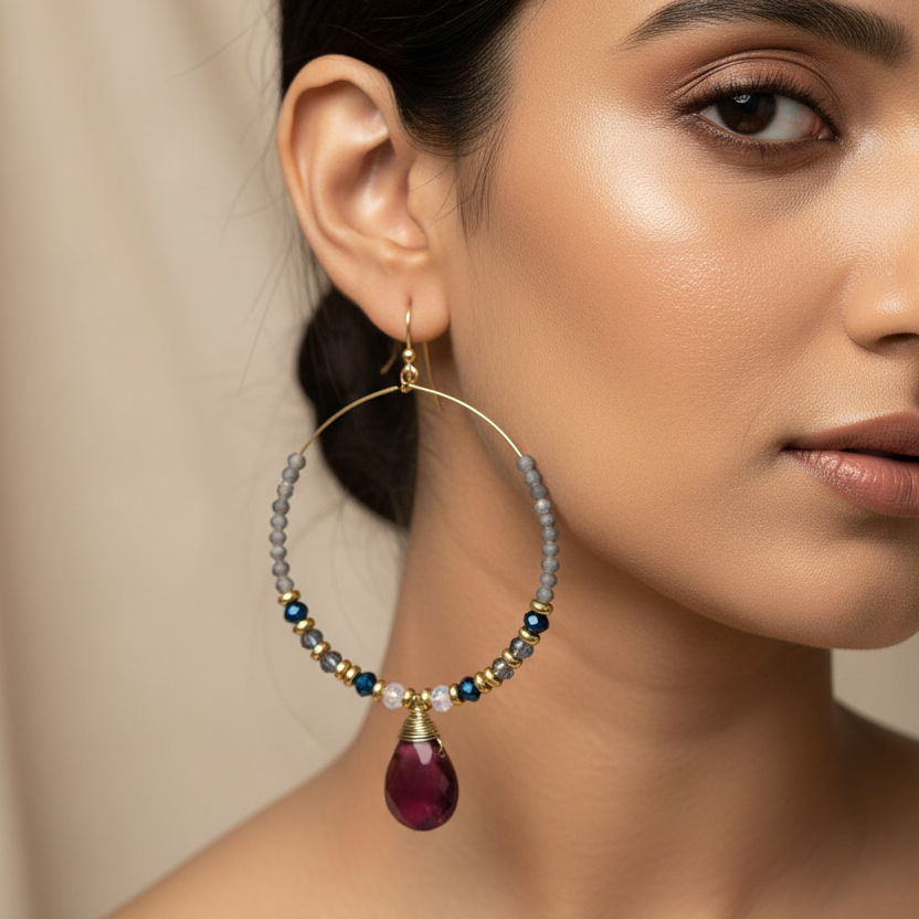 Hoops with Magenta Teardrop Crystal