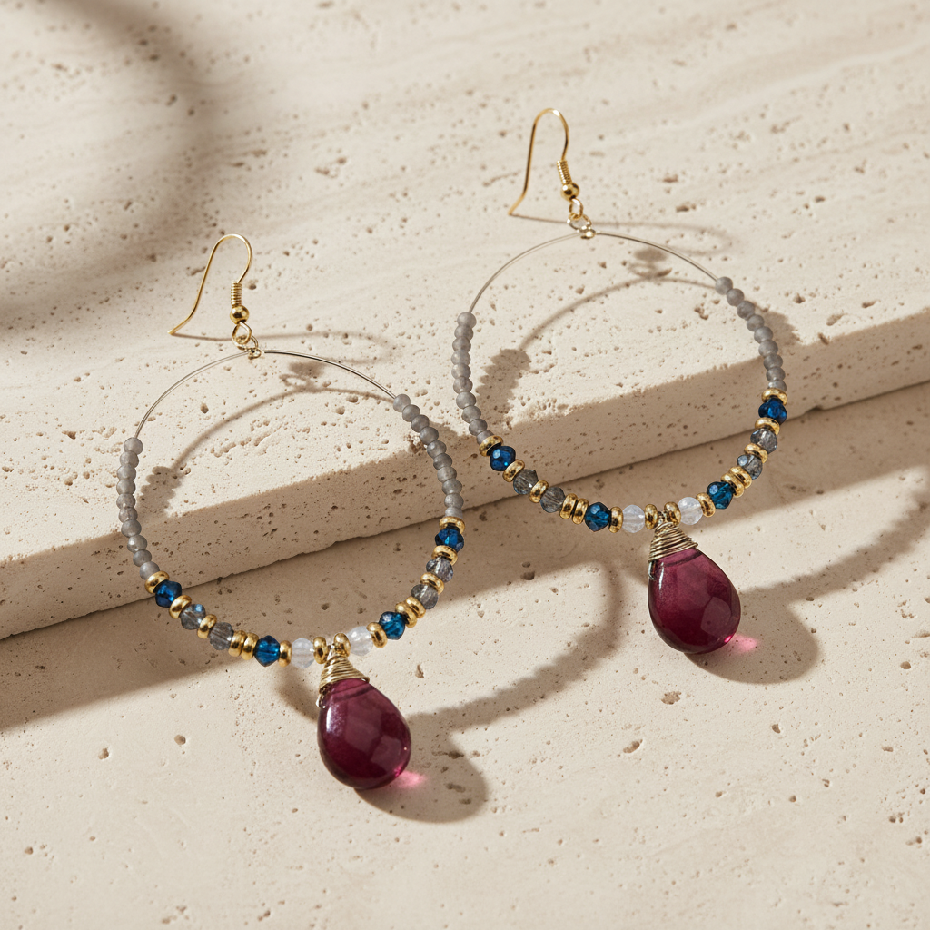 Hoops with Magenta Teardrop Crystal