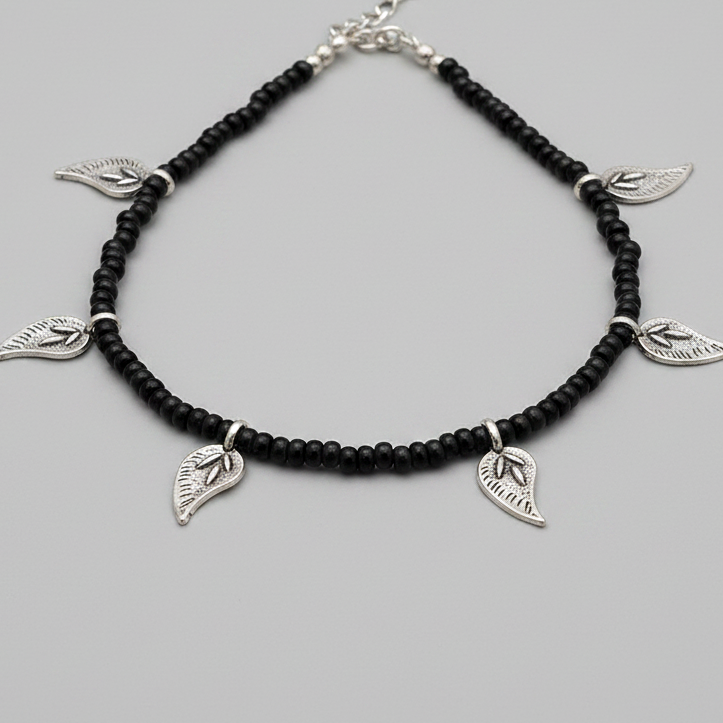 Black Anklet with Long Silver Flower Charms
