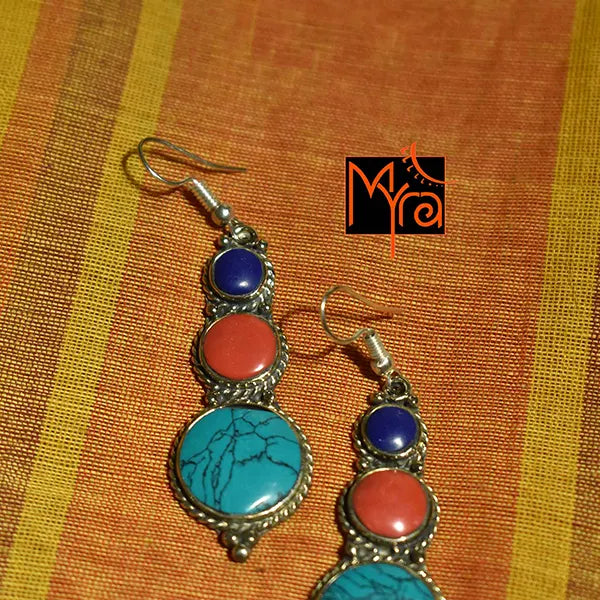 Triple Layer Earring : Blue, Red, Turquoise