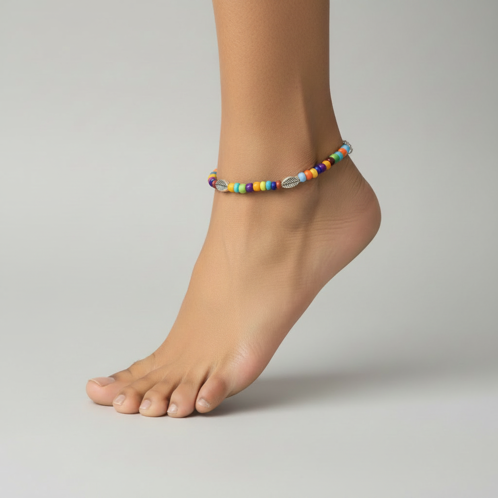 Handcrafted Multicolour Glass Beaded Anklet with Leaf Charms