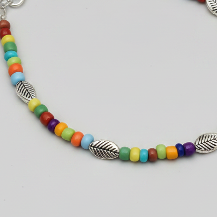 Handcrafted Multicolour Glass Beaded Anklet with Leaf Charms