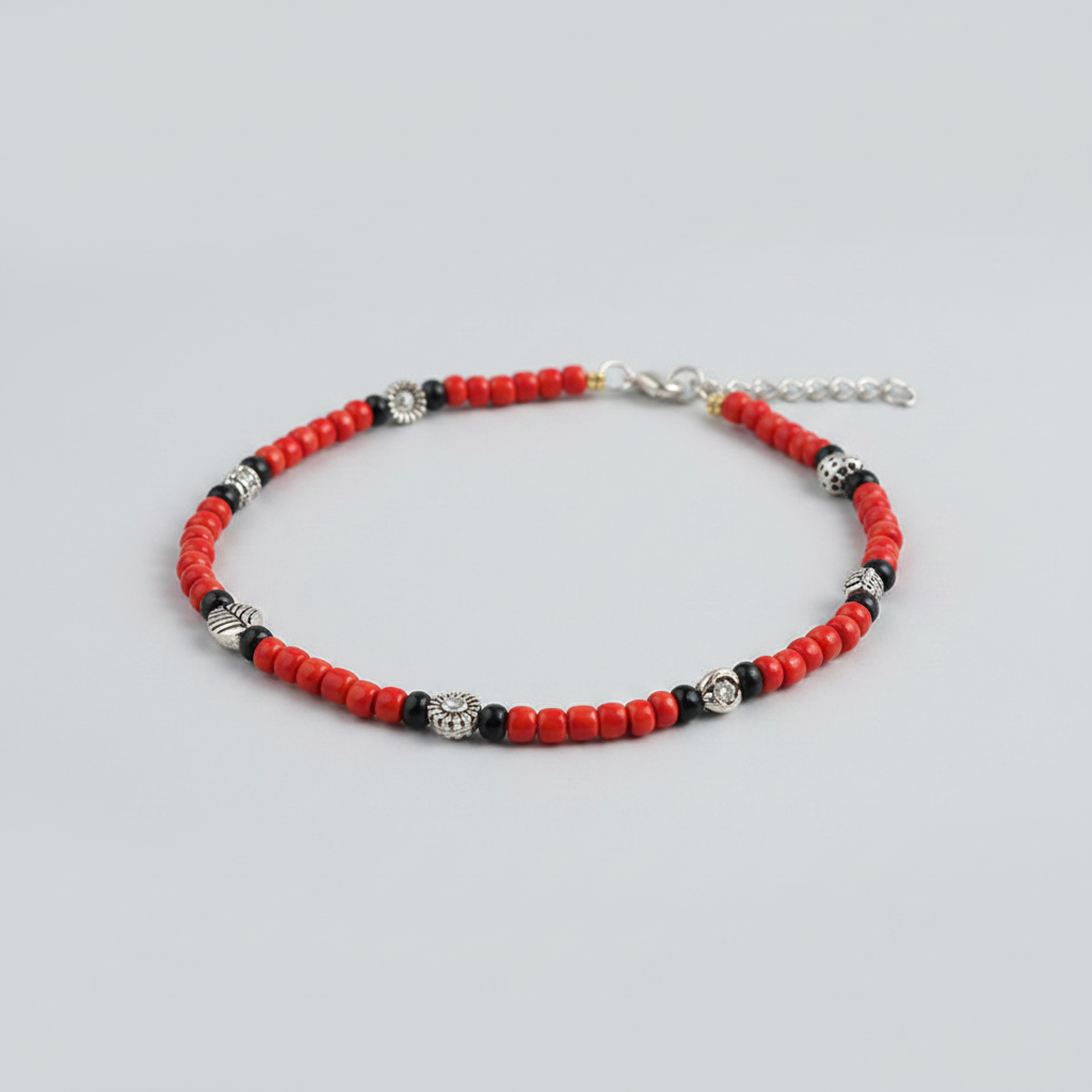 Red & Black Beaded Charm Anklet