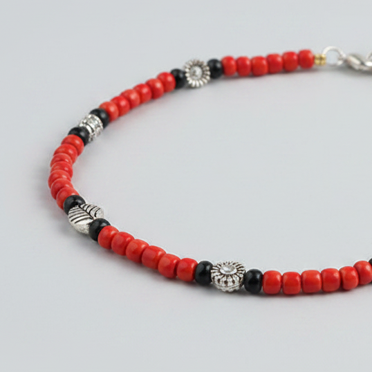 Red & Black Beaded Charm Anklet