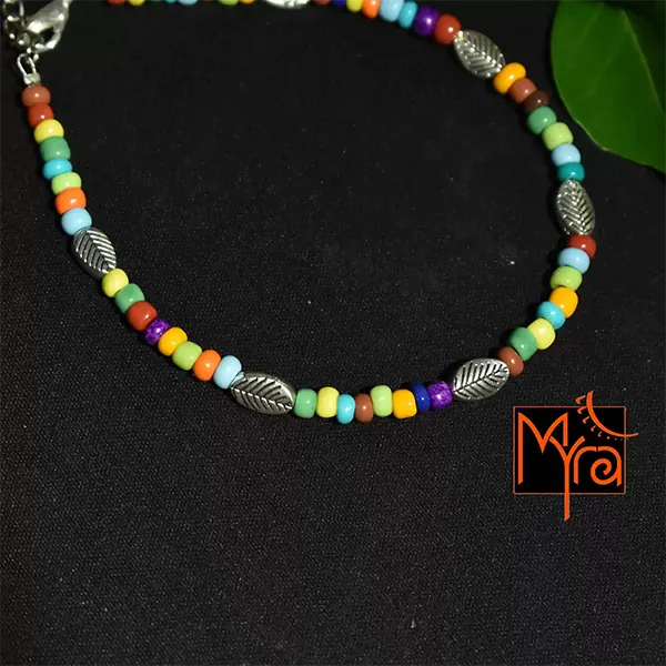 Glass Beaded Anklet with Leaf Charms : Multicolor