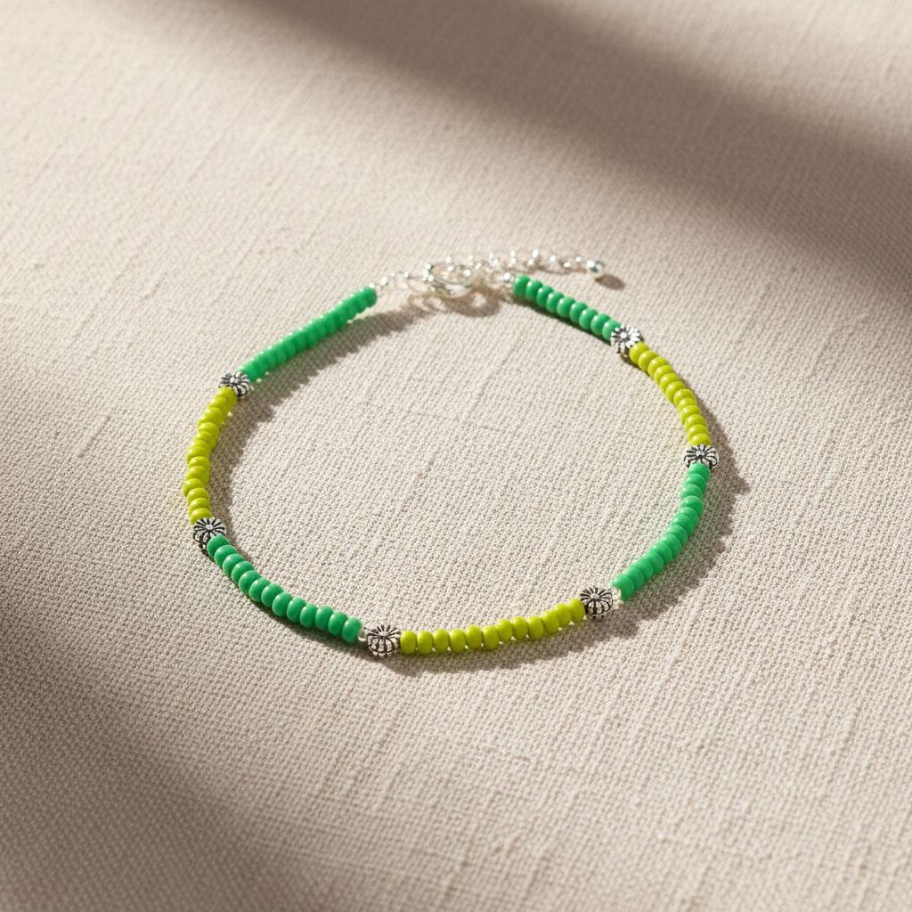 Glass Beaded Dandelion Charm Anklet : Shades of Green