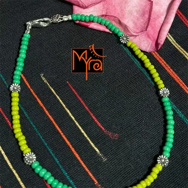 Glass Beaded Dandelion Charm Anklet : Shades of Green