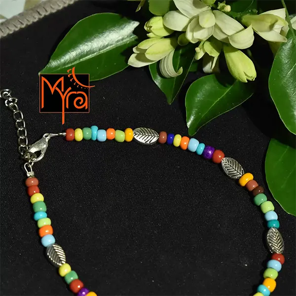 Glass Beaded Anklet with Leaf Charms : Multicolor