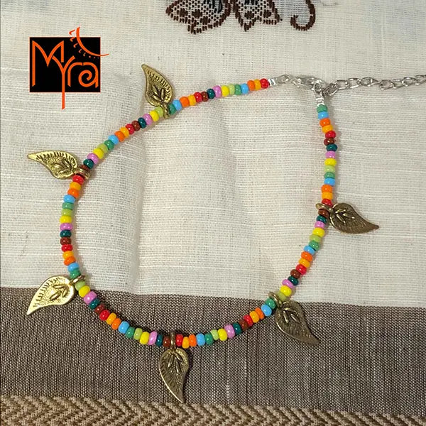Multicolor Anklet with Long Golden Leaf Charms