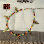 Multicolor Anklet with Long Golden Leaf Charms