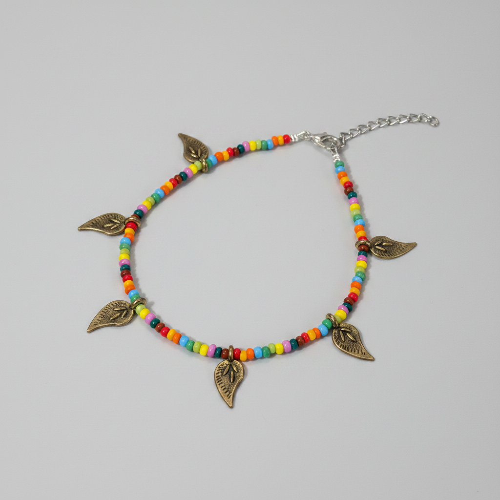 Multicolor Anklet with Long Golden Leaf Charms