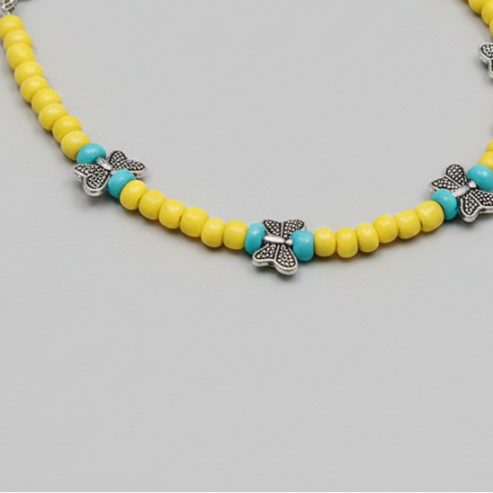 Handcrafted Yellow & Turquoise Glass Beaded Anklet with Butterfly Charms