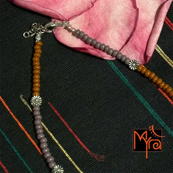 Glass Beaded Dandelion Charm Anklet : Green, Brown, Mauve