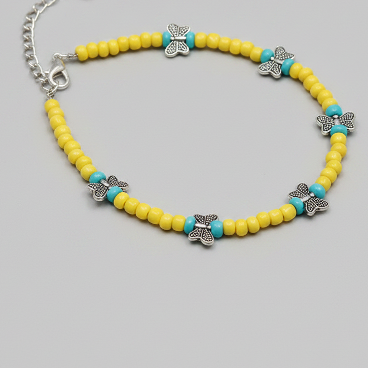 Handcrafted Yellow & Turquoise Glass Beaded Anklet with Butterfly Charms