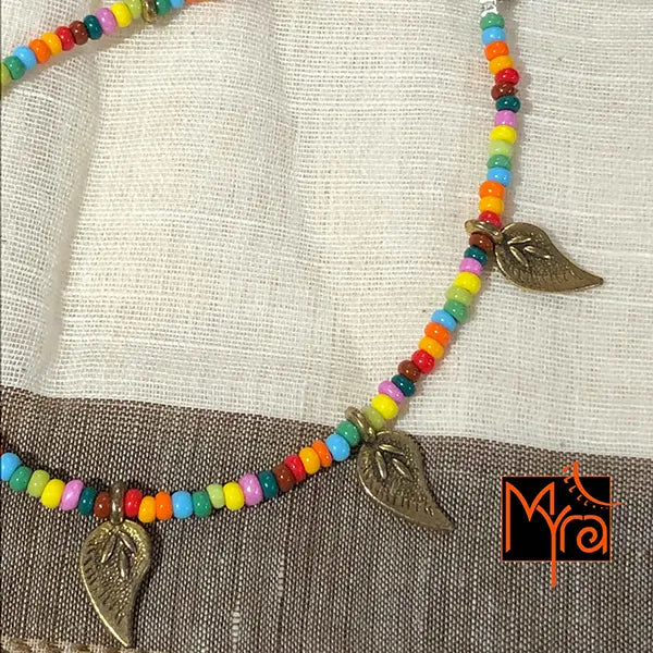 Multicolor Anklet with Long Golden Leaf Charms