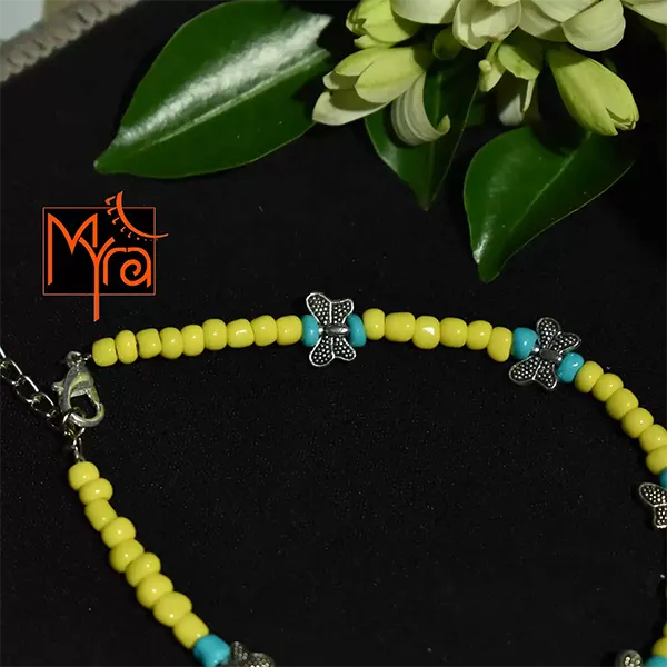 Glass Beaded Anklet with Butterfly Charms : Yellow, Turquoise