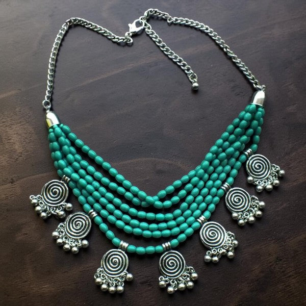 Six Layer Beaded Necklace with Hanging Charms : Turquoise