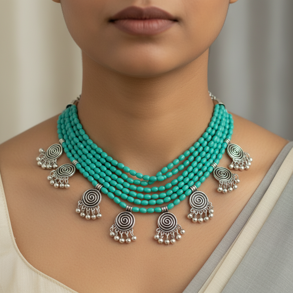 Six Layer Beaded Necklace with Hanging Charms : Turquoise