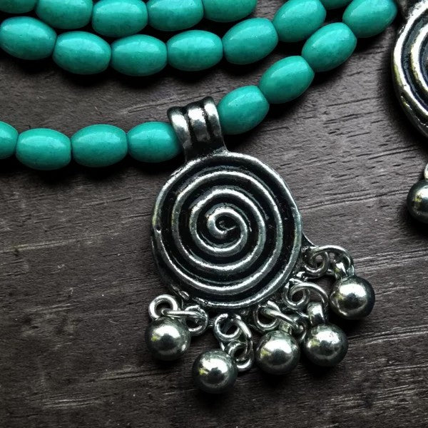 Six Layer Beaded Necklace with Hanging Charms : Turquoise