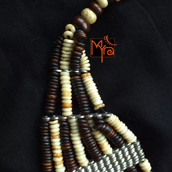 Eight Layer Wooden Beaded Statement Necklace : Off White & Brown
