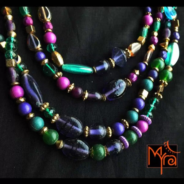 Purple & Green Stone Beaded Layered Necklace