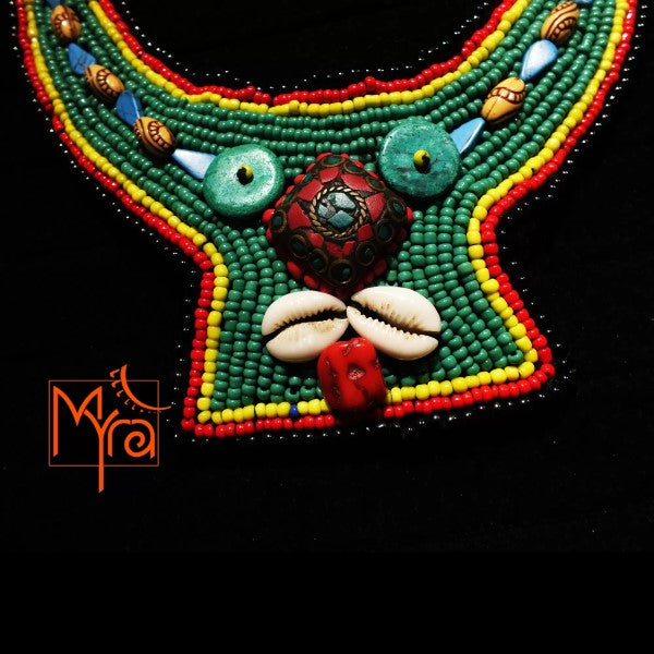African Woven Beads and Cowrie Shells Necklace