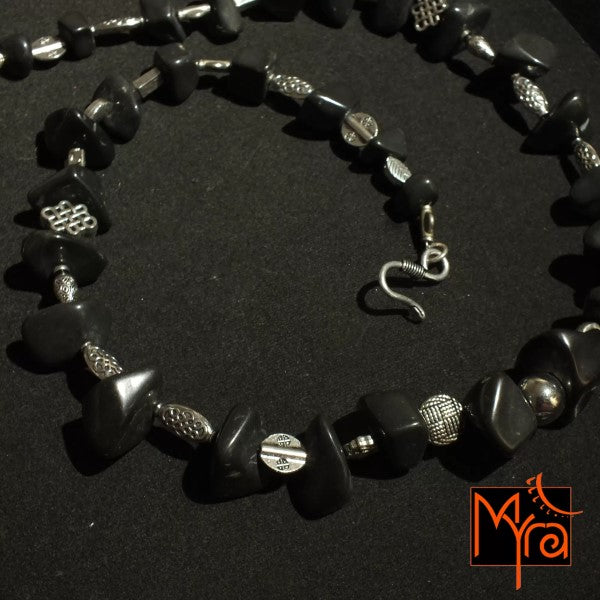 Onyx Stone and Metal Charms Necklace : Black