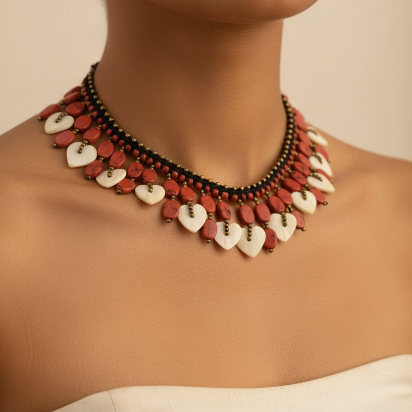 Cowrie Shell Necklace with Red Stones