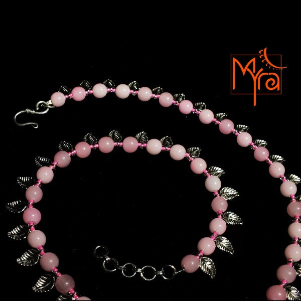 Metal Leaf Charm Pink Beaded Necklace