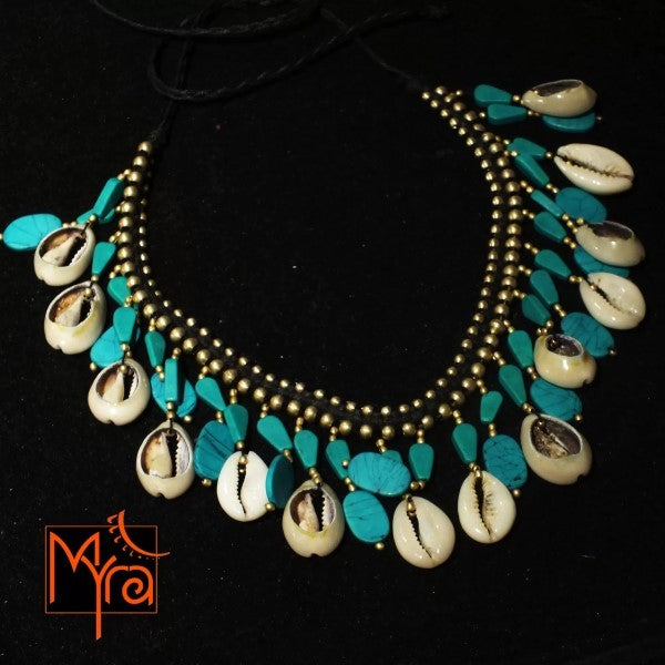 Cowrie Shell Beads with Turquoise Stones Necklace