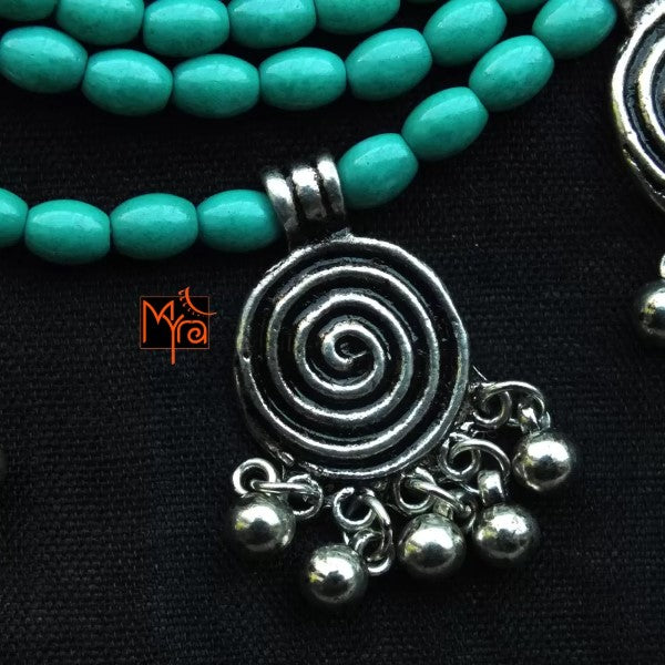 Six Layer Beaded Necklace with Hanging Charms : Turquoise