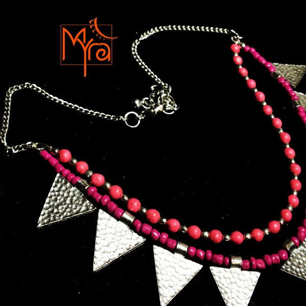 Triangle Charm Two Layer Necklace : Pink