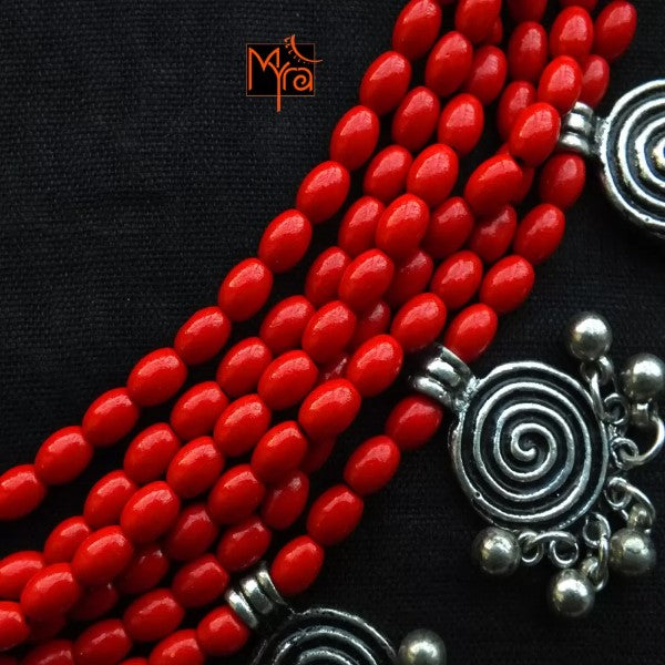 Six Layer Beaded Necklace with Hanging Charms : Red
