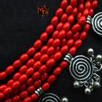 Six Layer Beaded Necklace with Hanging Charms : Red