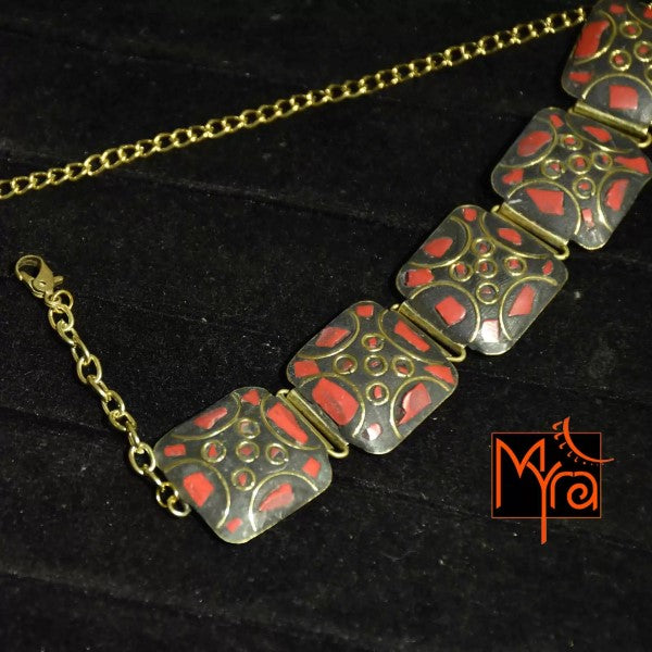 Square Pattern Tibetan Stone Choker : Red