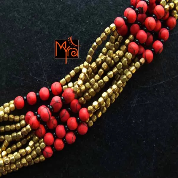 Bunch of Brass and Stone Bracelet : Red