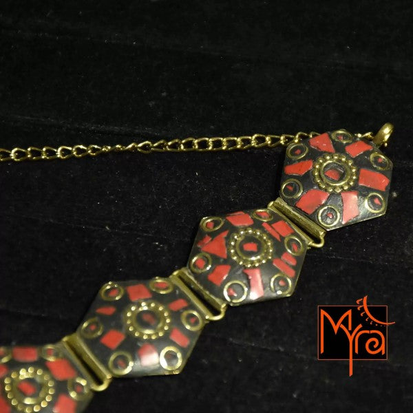 Hexagon Pattern Tibetan Stone Choker : Red