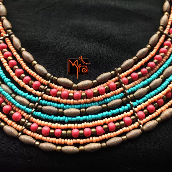 Peach, Blue & Pastel Shades Beaded Necklace
