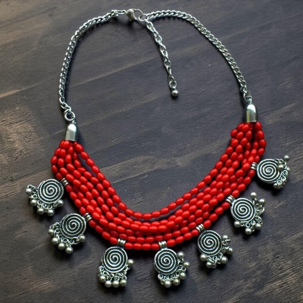 Six Layer Beaded Necklace with Hanging Charms : Red