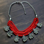 Six Layer Beaded Necklace with Hanging Charms : Red
