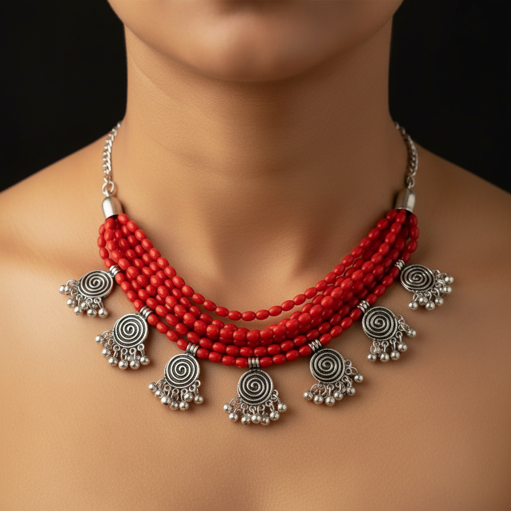 Six Layer Beaded Necklace with Hanging Charms : Red