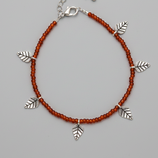 Handcrafted Brown Glass Beaded Anklet with Leaf Charms