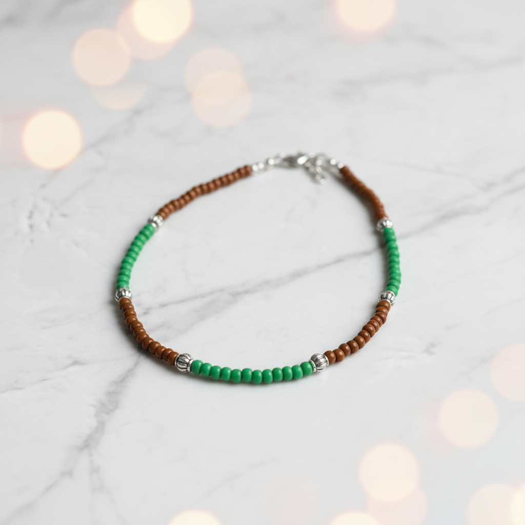 Glass Beaded Charm Anklet : Brown, Green