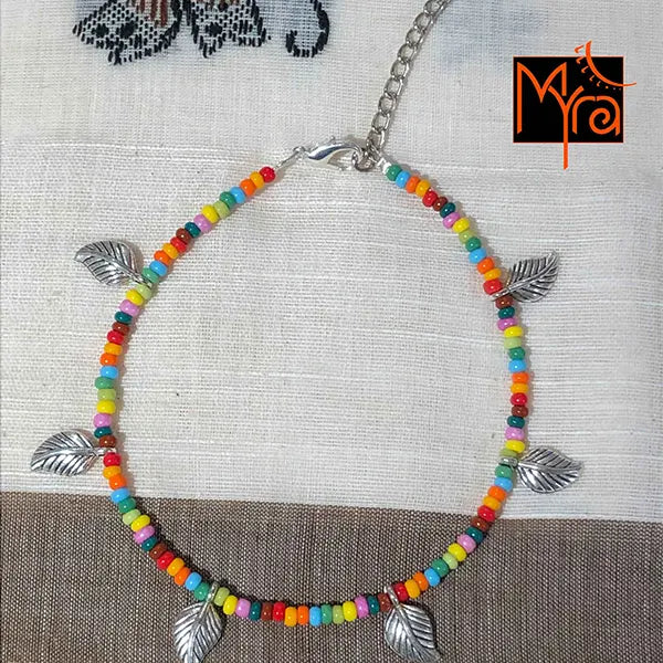 Multicolor Anklet with Rounded Silver Leaf Charms