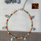 Multicolor Anklet with Rounded Silver Leaf Charms